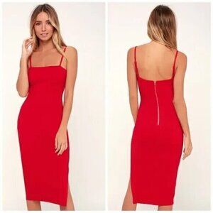 "NWT" Lulu’s Women's Paulina Sleeveless Square Neckline Red Bodycon Midi Dress-S